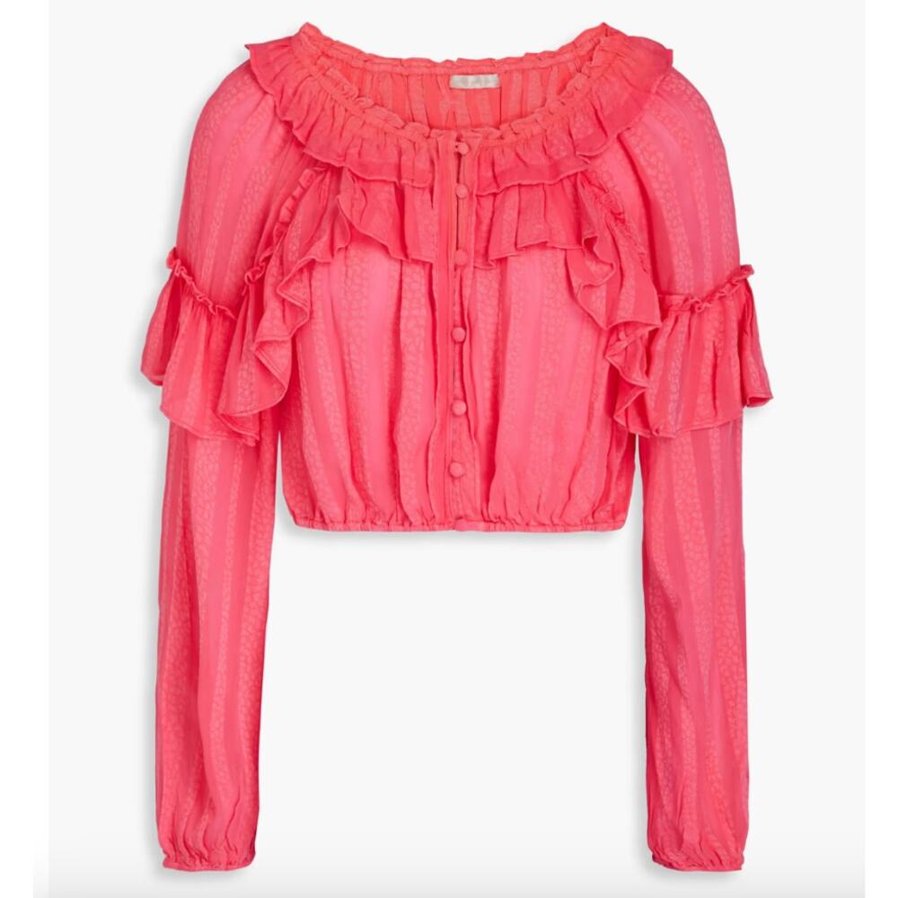 LOVESHACKFANCY Cropped ruffled leopard-jacquard top
